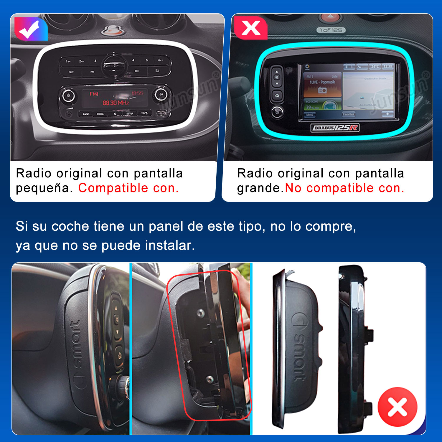 Comparación de compatibilidad de autorradios con pantalla pequeña y grande.