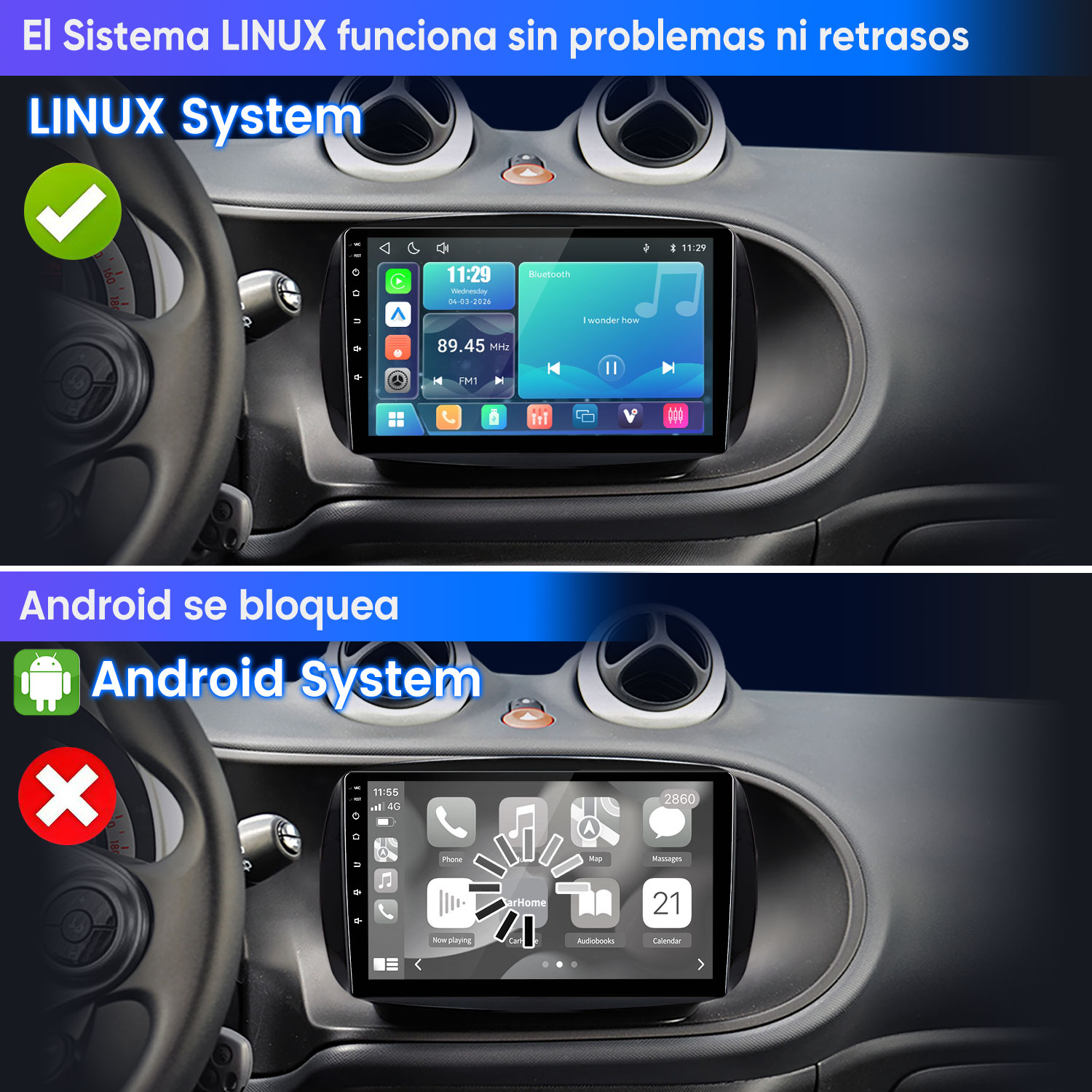 Comparación de dos pantallas de coche: el sistema Linux funciona fluido, el sistema Android muestra un círculo de carga.