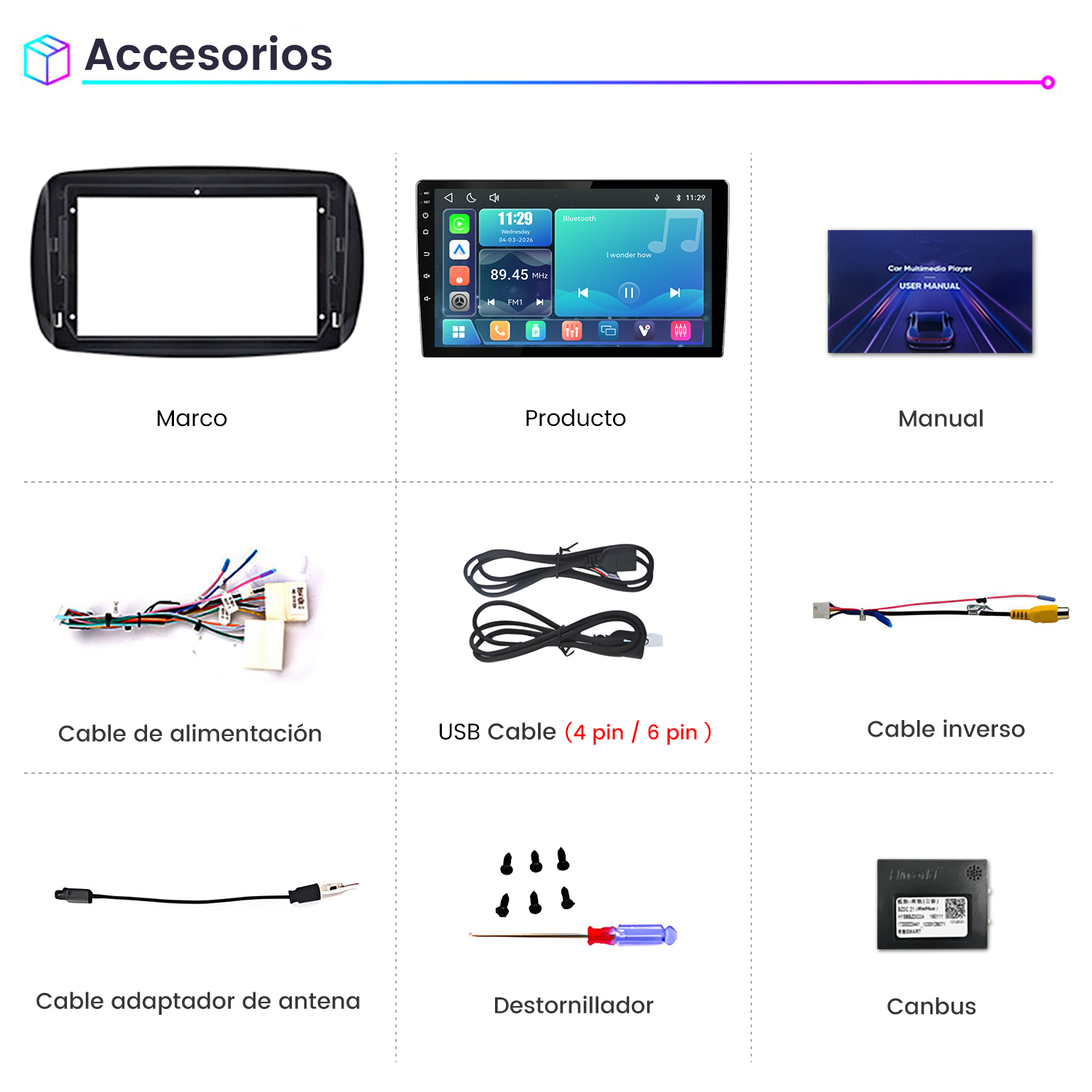 Vista general de accesorios para coche que incluye pantalla, marco, cables, herramientas y manual.