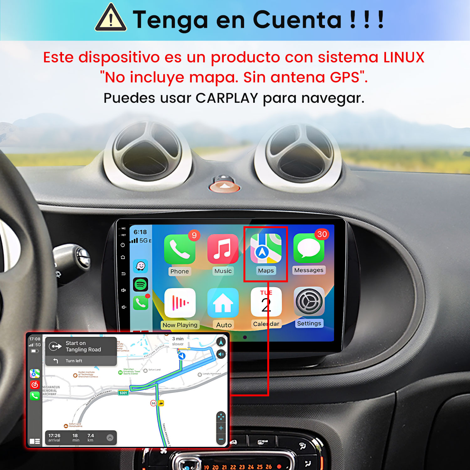 Pantalla de infoentretenimiento Linux con aplicaciones de CarPlay y mapa, con texto de advertencia.