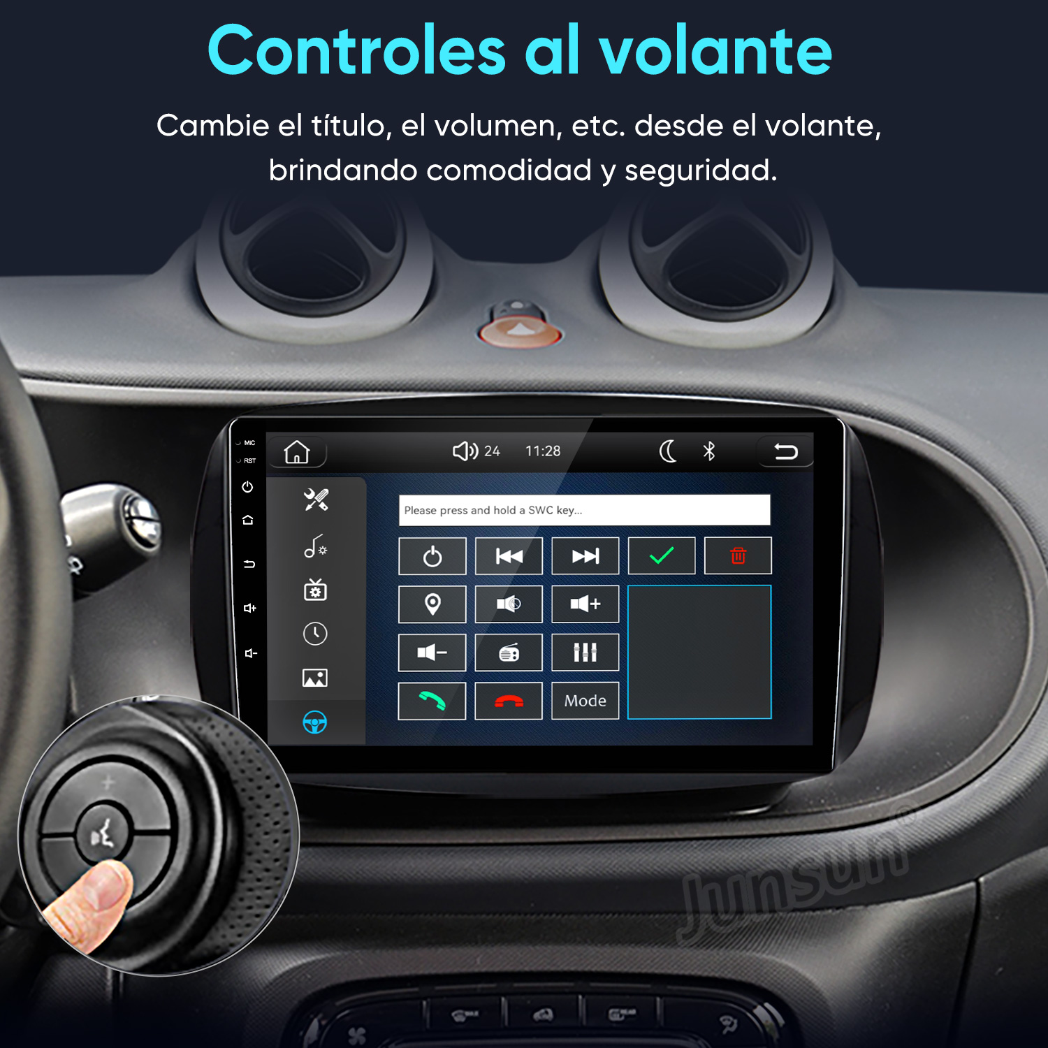 Salpicadero de coche con pantalla táctil multimedia y controles en el volante.