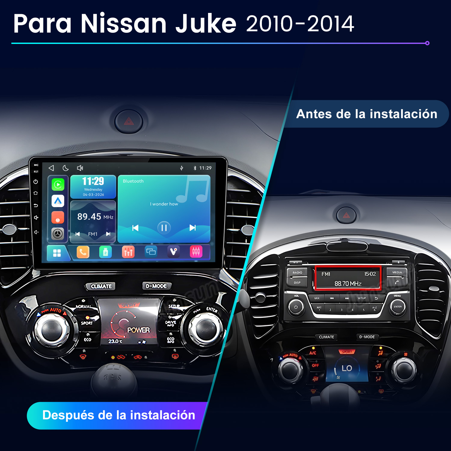 Comparación de la consola central del Nissan Juke antes y después de instalar un nuevo sistema.