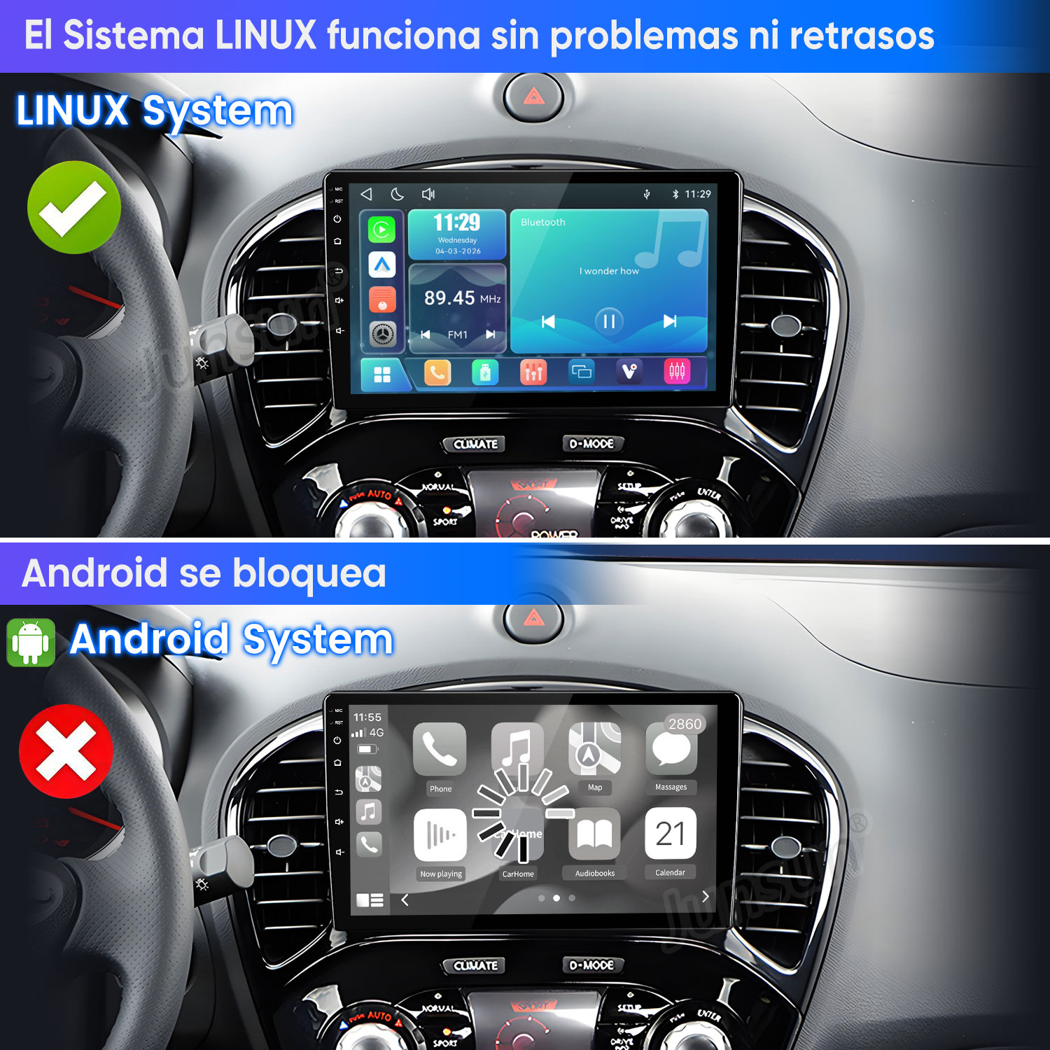 Comparación de una interfaz Linux fluida para coche con una pantalla Android congelada que muestra un icono de carga.