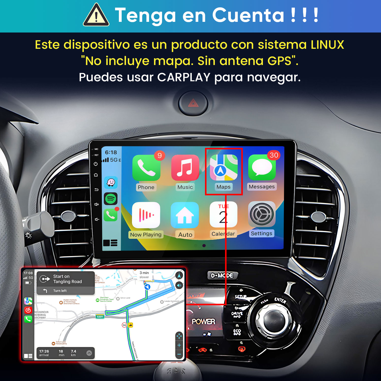 Una pantalla de carplay dentro de un coche muestra aplicaciones de navegación y multimedia.