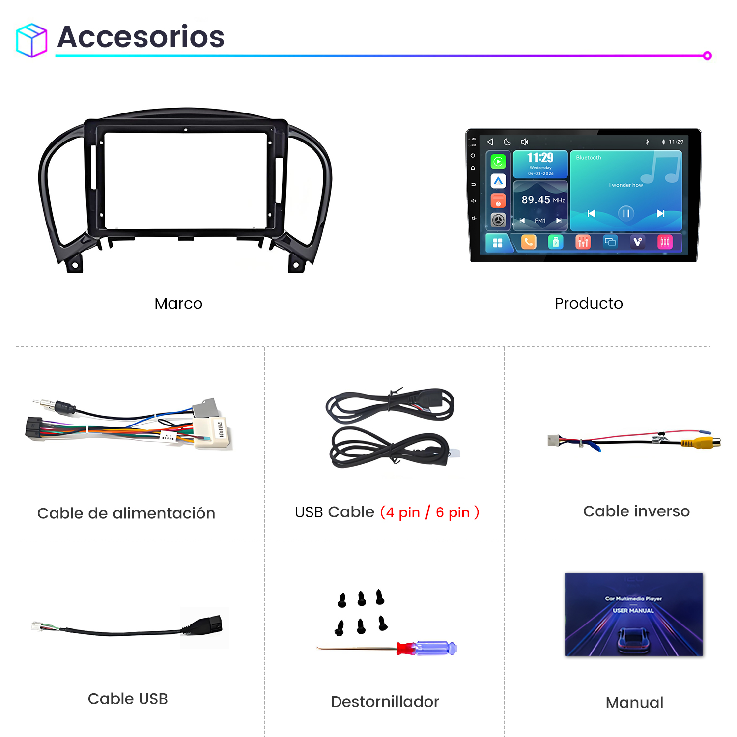 Accesorios para autorradio que incluyen marco, reproductor, cable de alimentación, cables USB, cable inverso, tornillos y manual.