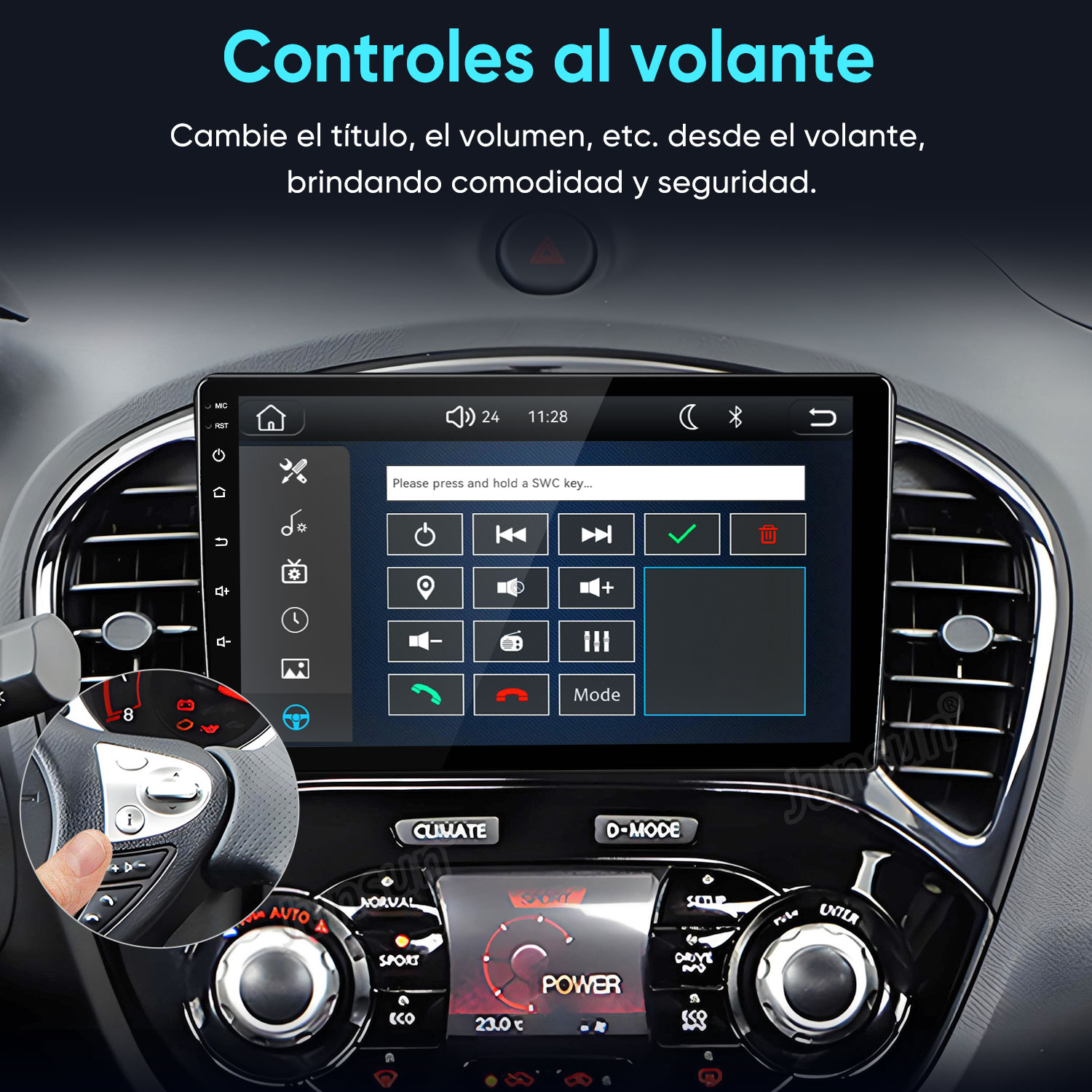 Pantalla de navegación de coche mostrando configuración de botones SWC con volante.