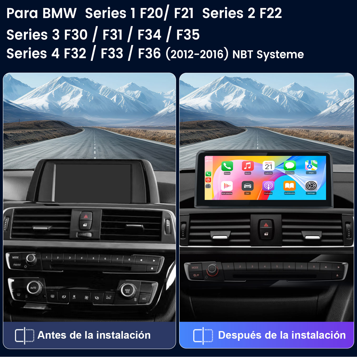 Comparación del salpicadero de un BMW antes y después de instalar una pantalla multimedia.