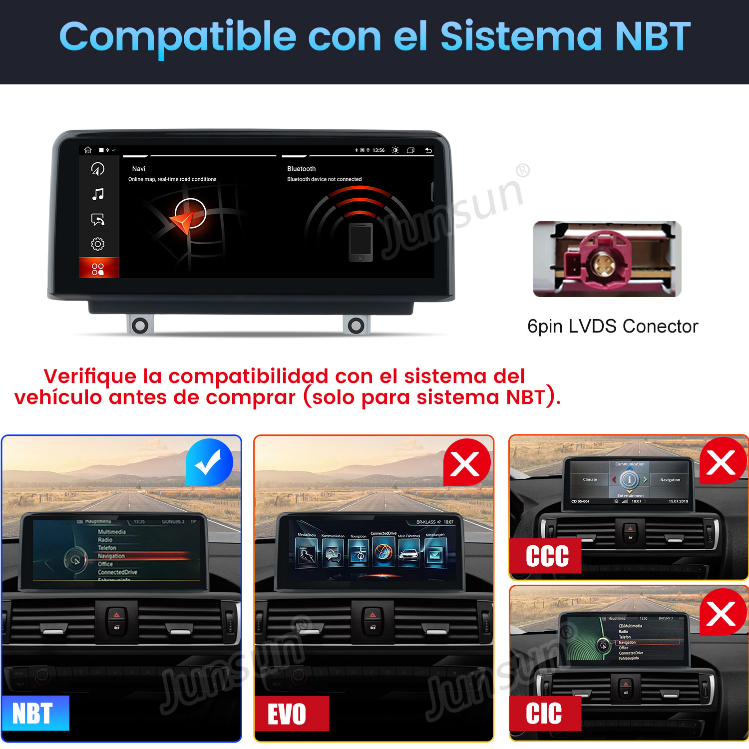 Pantalla multifunción para coche NBT con información de compatibilidad y conectores.