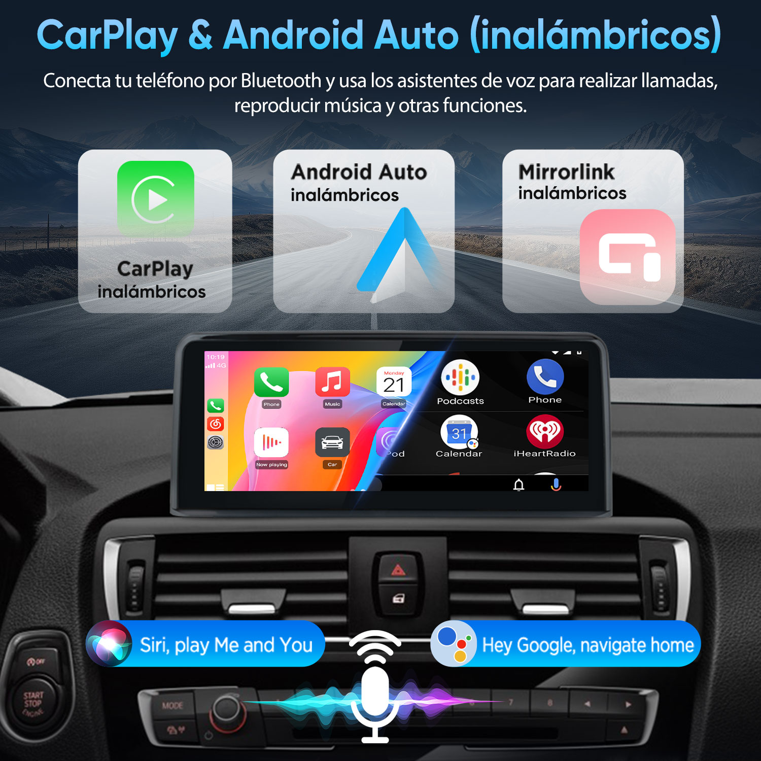 Pantalla de infoentretenimiento con CarPlay, Android Auto y control por voz.