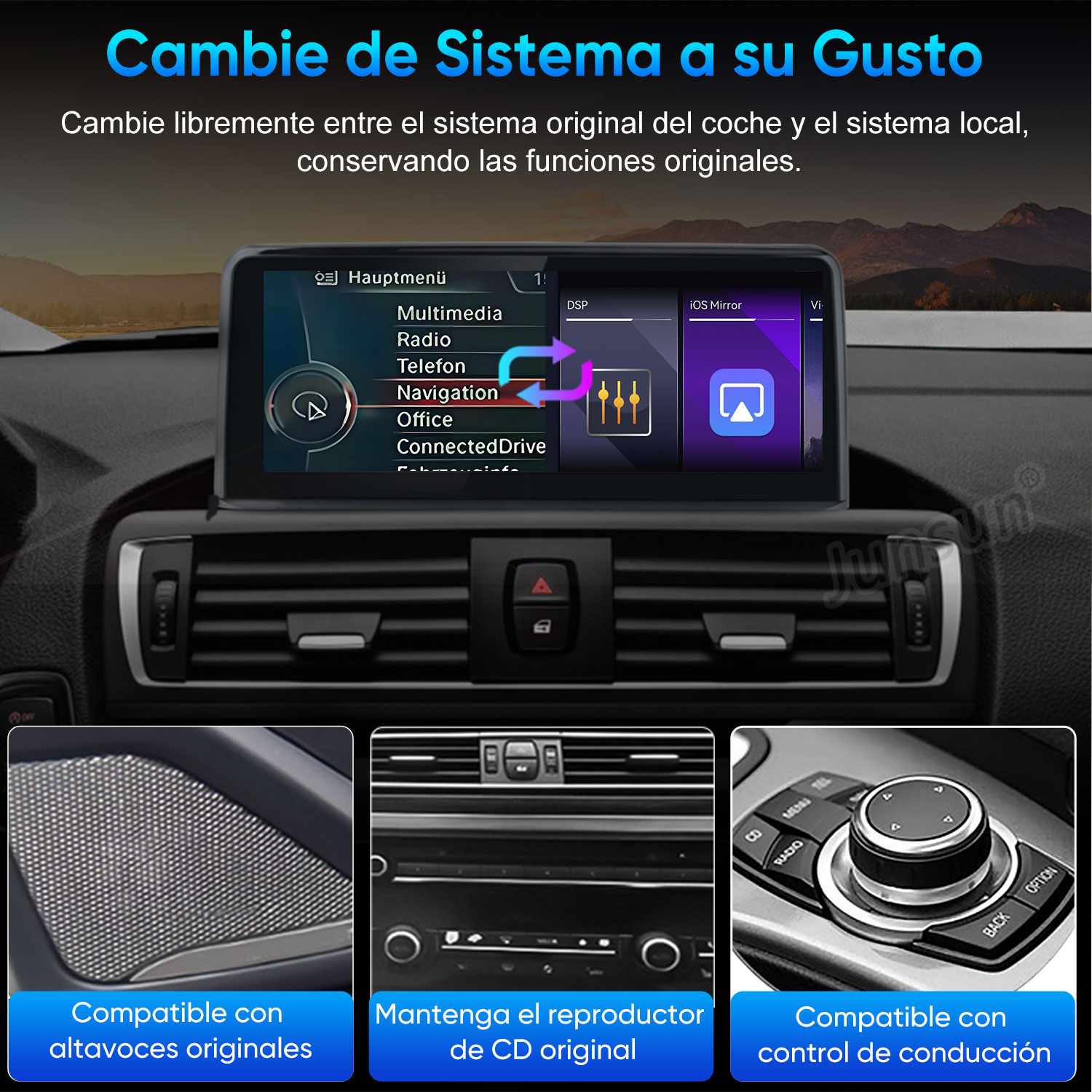 Pantalla de coche muestra menús, con recuadros de altavoces, reproductor de CD y control iDrive.