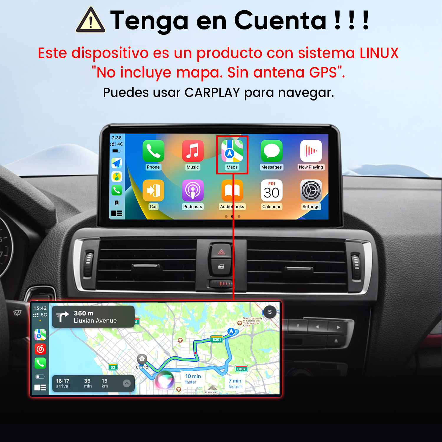 Salpicadero de coche con pantalla táctil, iconos de aplicaciones y mapa, con texto de advertencia en español.