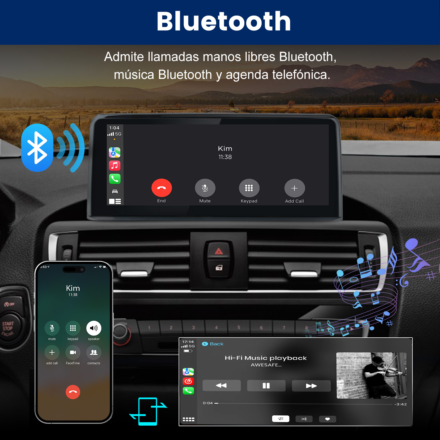 Pantalla de coche muestra llamada Bluetooth, conectada al smartphone y música.