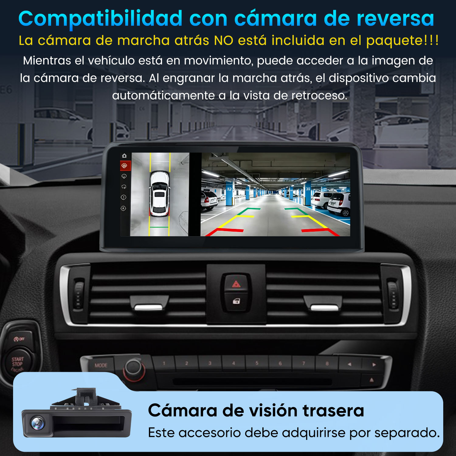 Pantalla de coche muestra cámara trasera y asistente de aparcamiento con texto en español.