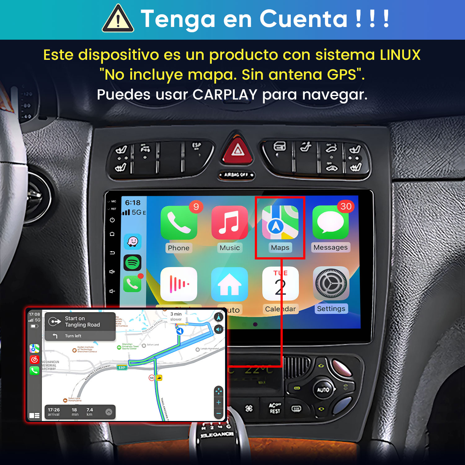 Autoradio Linux con pantalla CarPlay en consola central, el recuadro muestra un mapa GPS.
