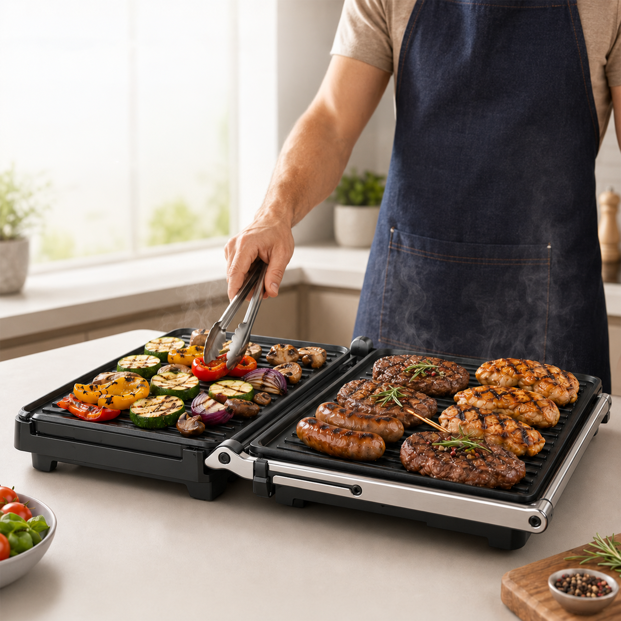 Personne en tablier bleu faisant griller légumes et viande sur un gril.
