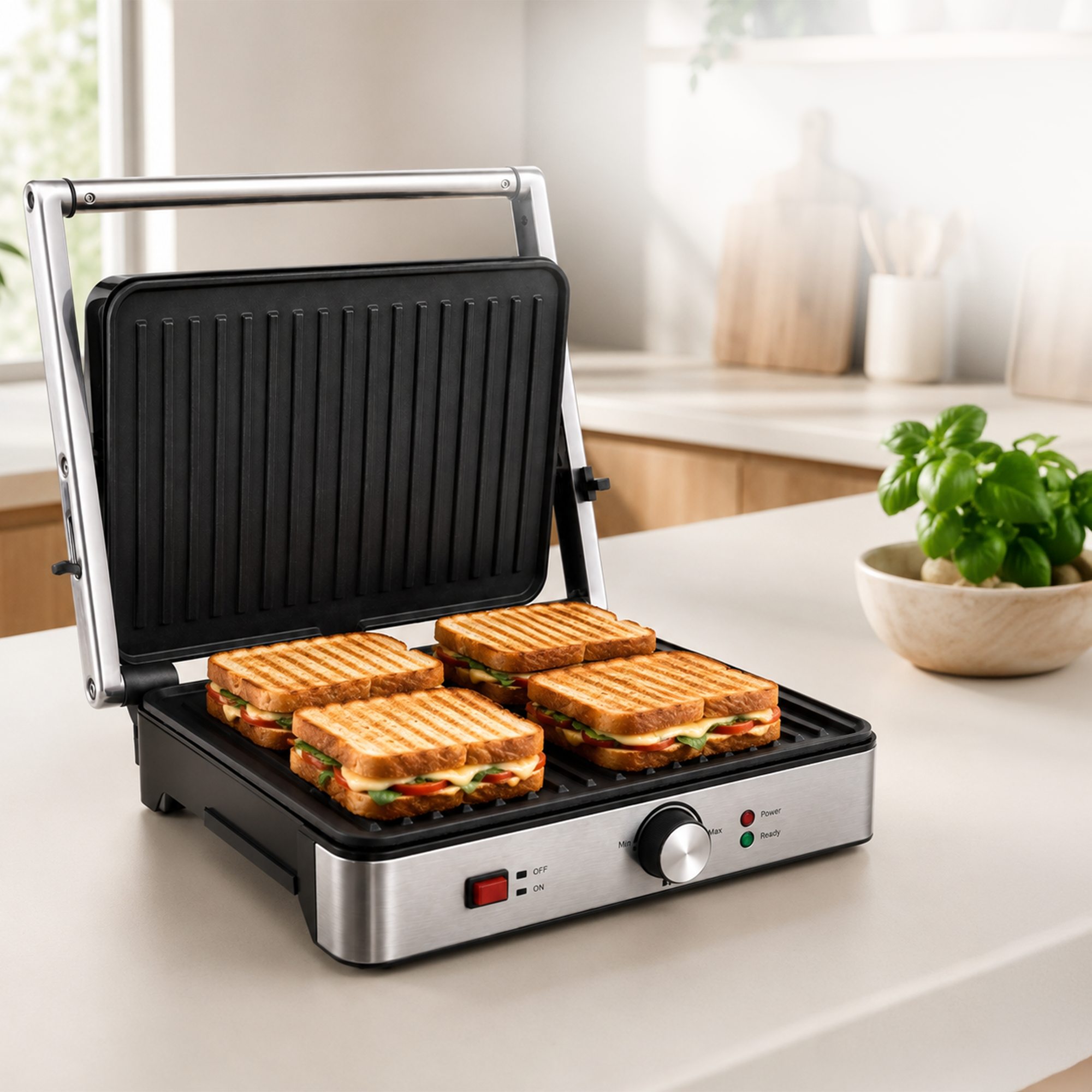 Un appareil à sandwich ouvert sur un comptoir de cuisine avec quatre sandwichs grillés.