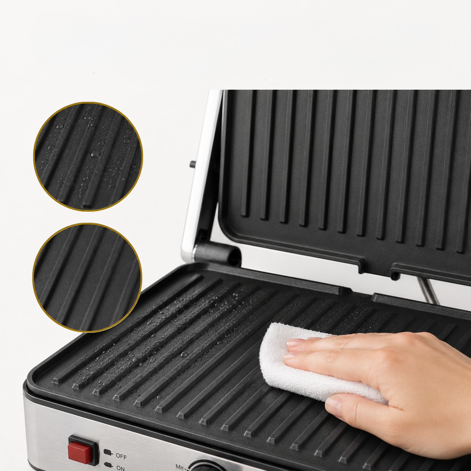 Une main nettoie la surface nervurée d'un gril électrique ouvert avec un chiffon blanc.