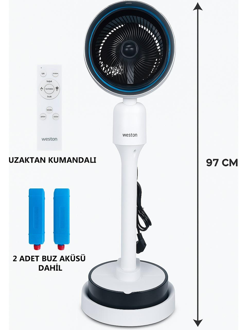Mavi halkalı, uzaktan kumandalı ve iki buz akülü 97 cm beyaz ayaklı vantilatör.