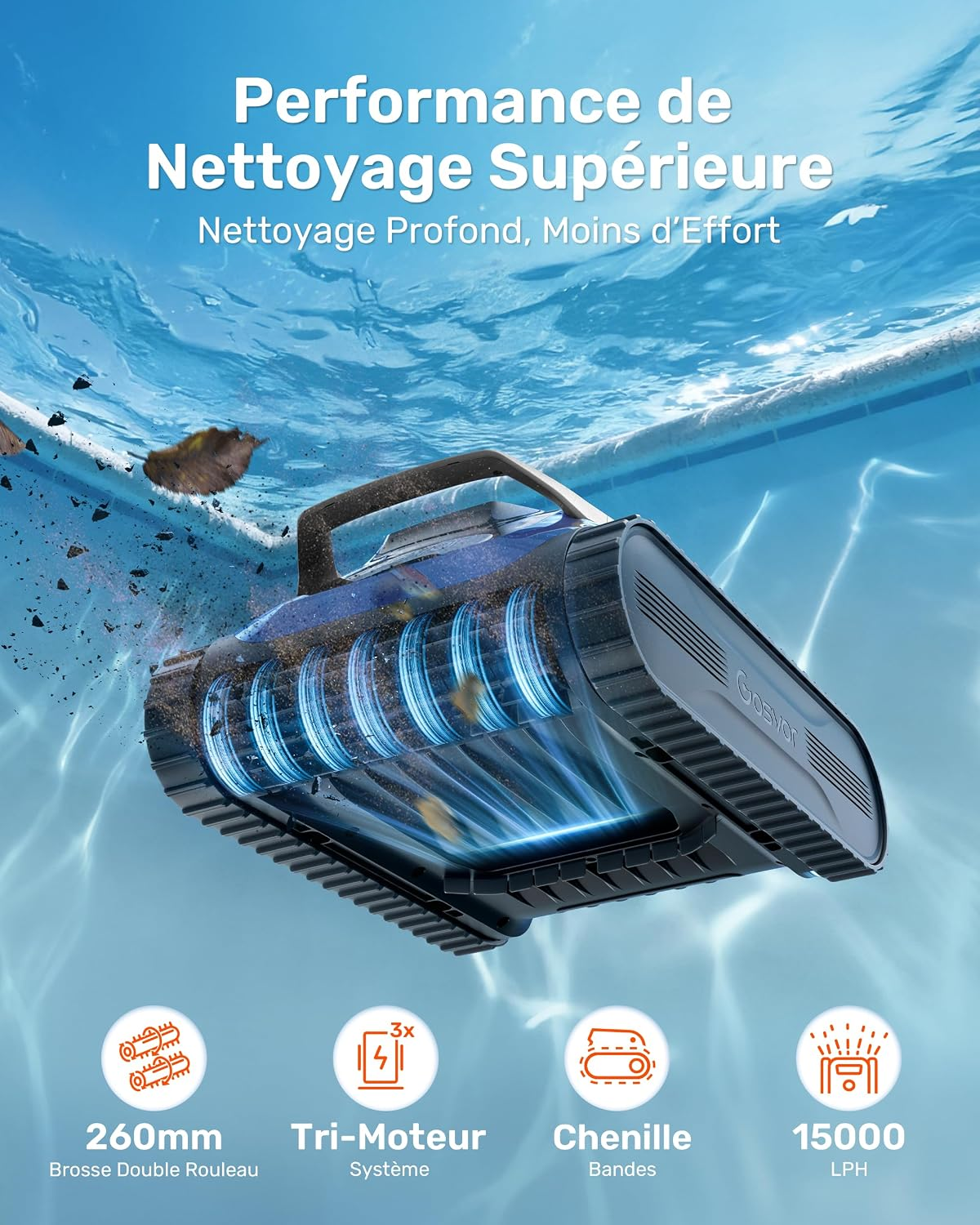 Een blauwe zwembadreiniger op een zwembadmuur onder water met Franse tekst.