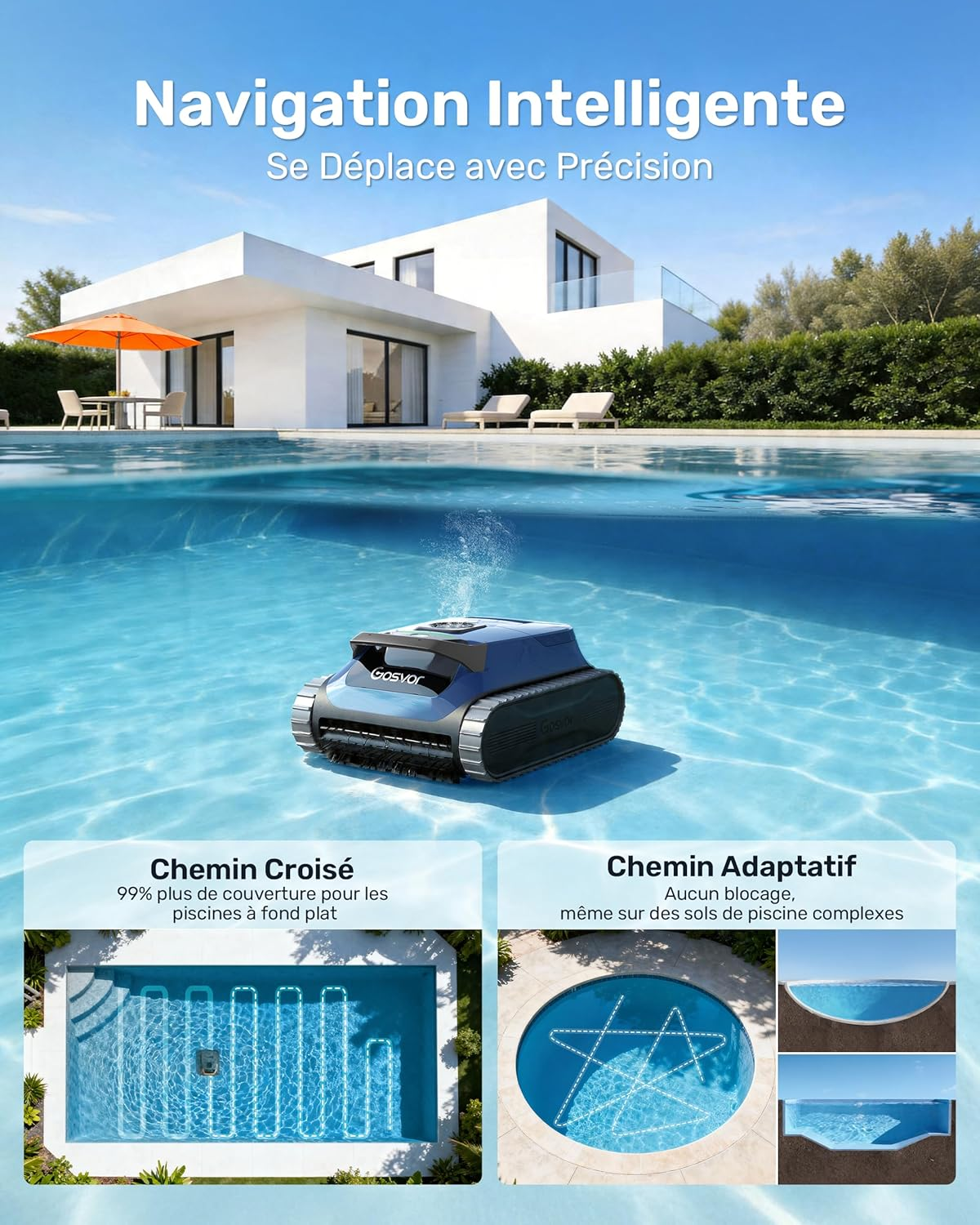 Een blauwe zwembadreinigingsrobot maakt een zwembad schoon voor een moderne witte villa.