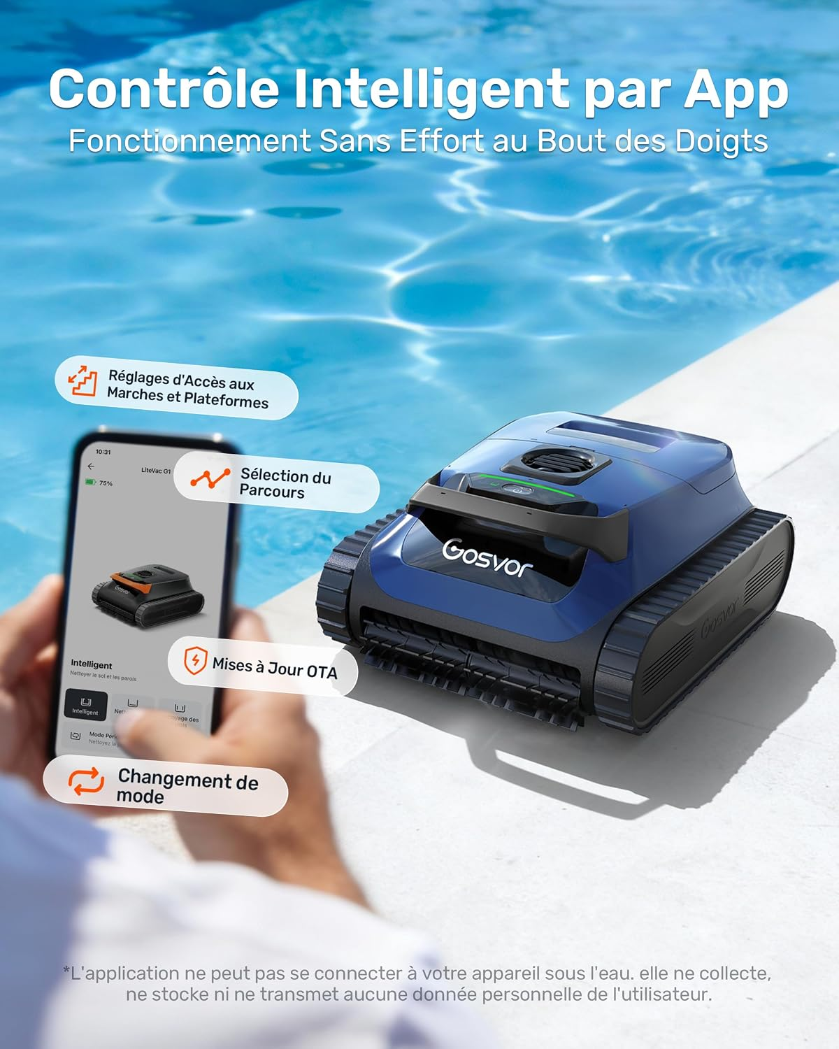 Een blauwe zwembadrobot bij de rand, bediend via een smartphone-app.