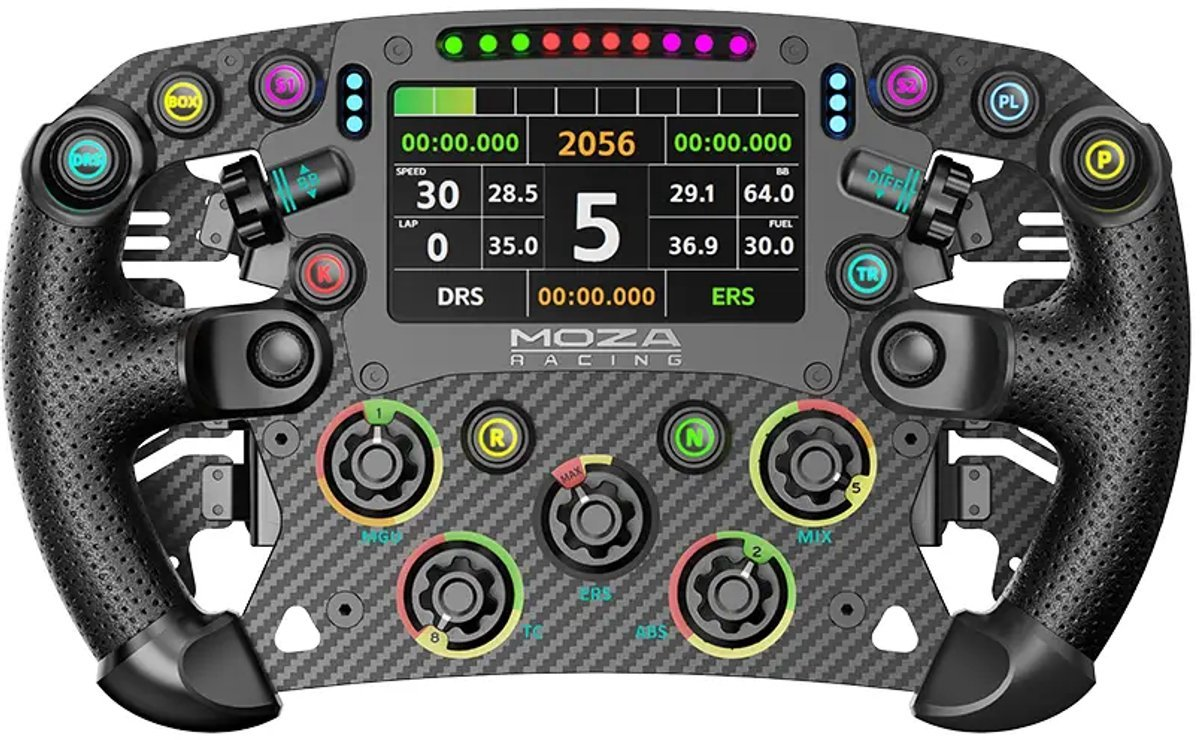 Volant de course en fibre de carbone Moza Racing avec écran numérique central, boutons et molettes.