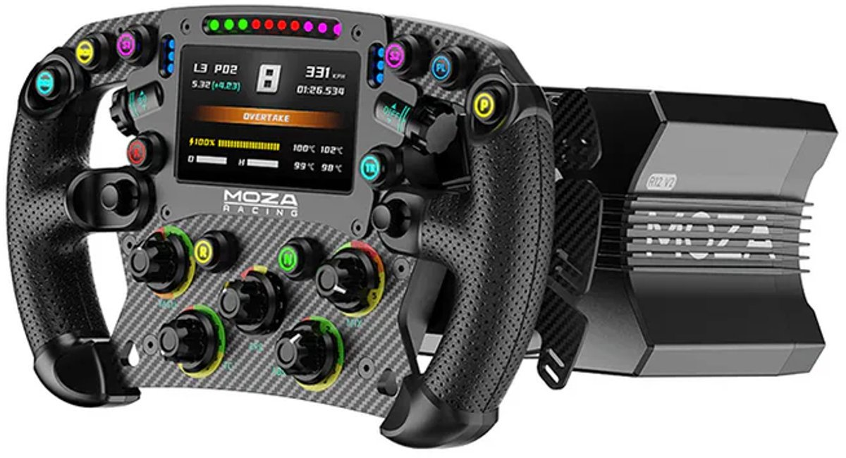 Un volant noir en fibre de carbone Moza Racing avec écran numérique, nombreux boutons colorés et molettes.