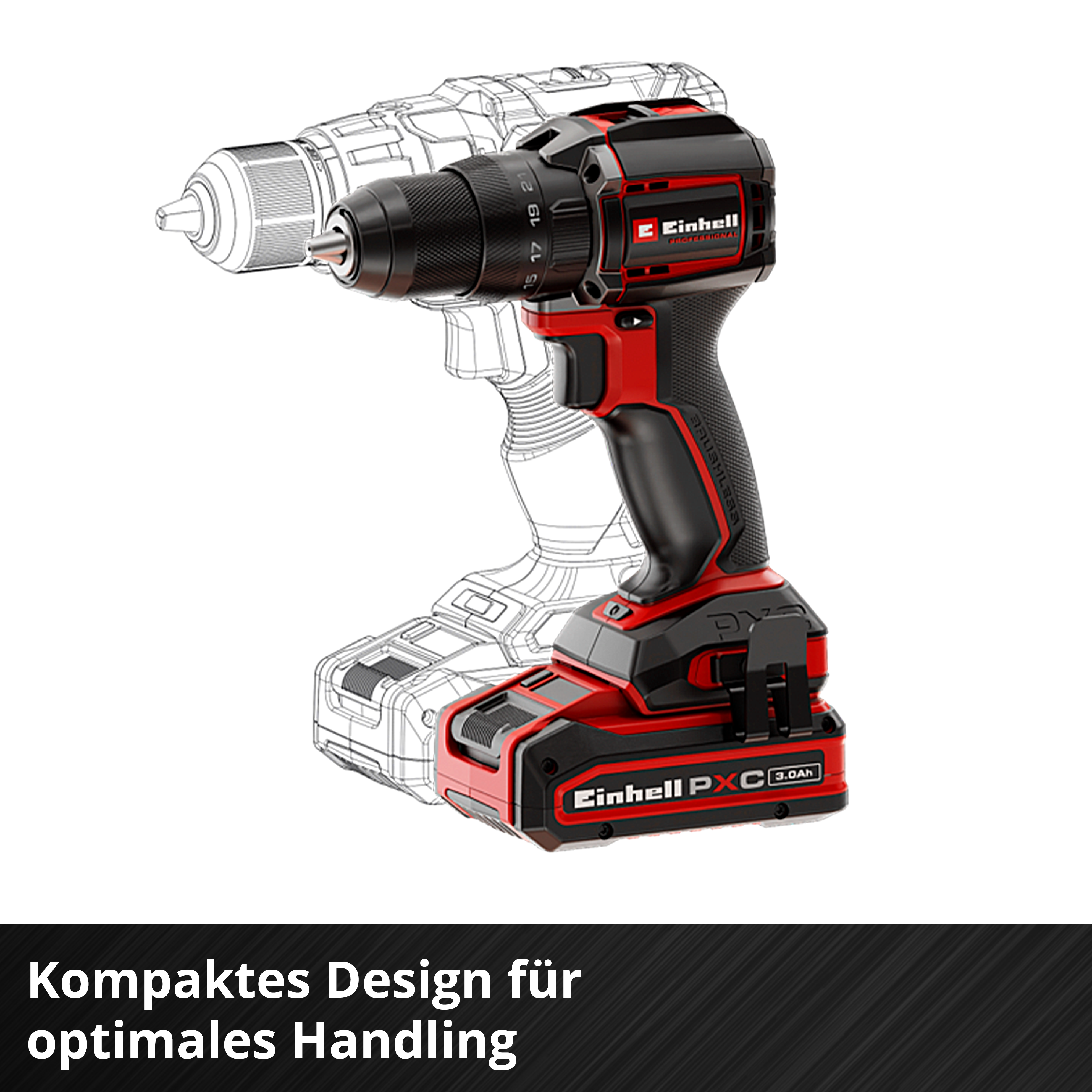 Un trapano a batteria Einhell rosso e nero con un modello wireframe traslucido sullo sfondo.