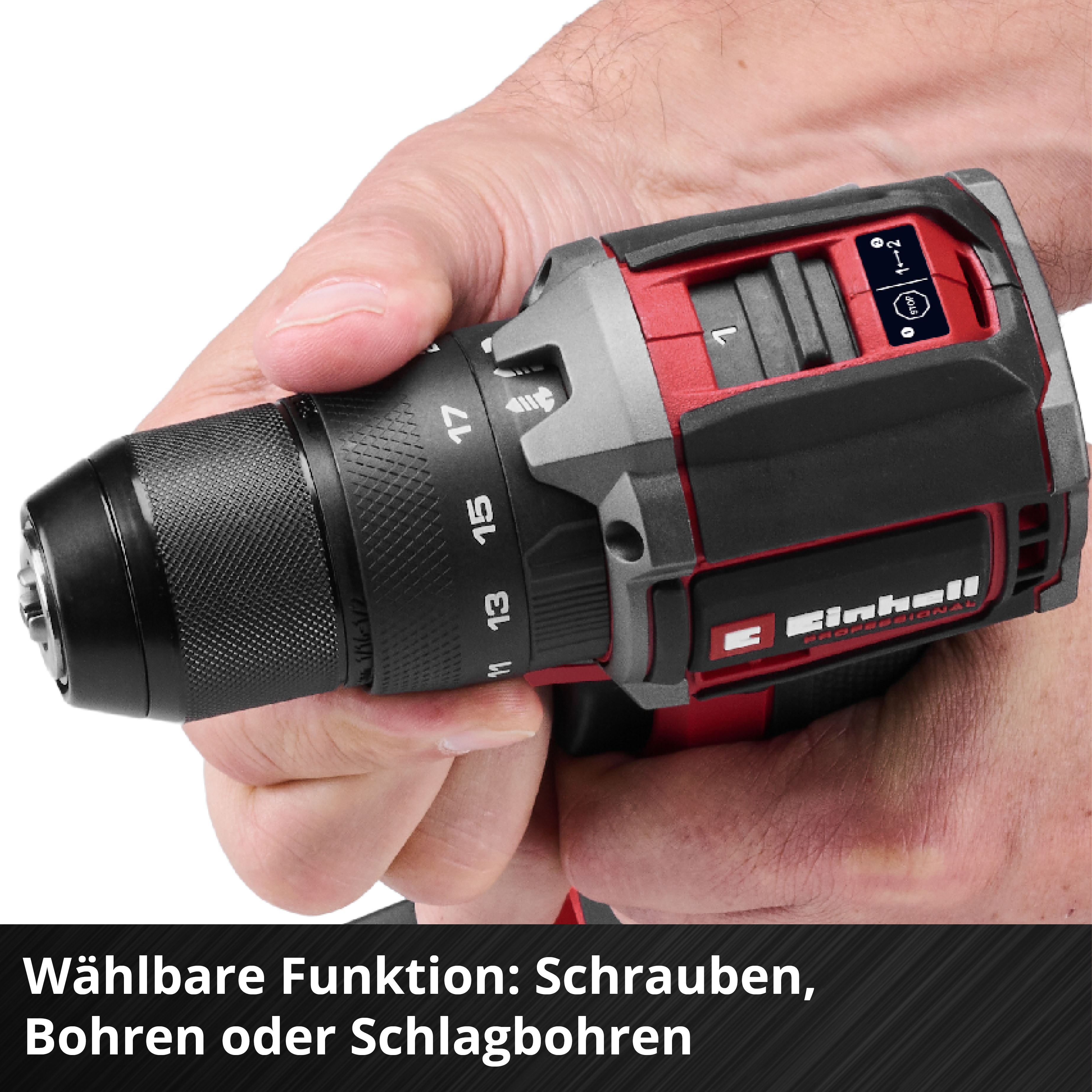 Una mano tiene un trapano a batteria rosso e nero con anello di coppia e logo Einhell.