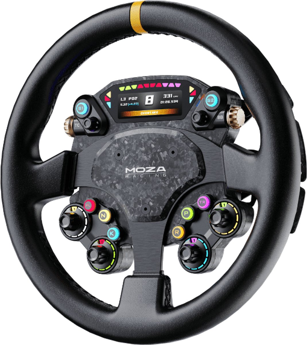 Un volant noir en fibre de carbone Moza Racing avec écran numérique, boutons, molettes et repère central jaune.