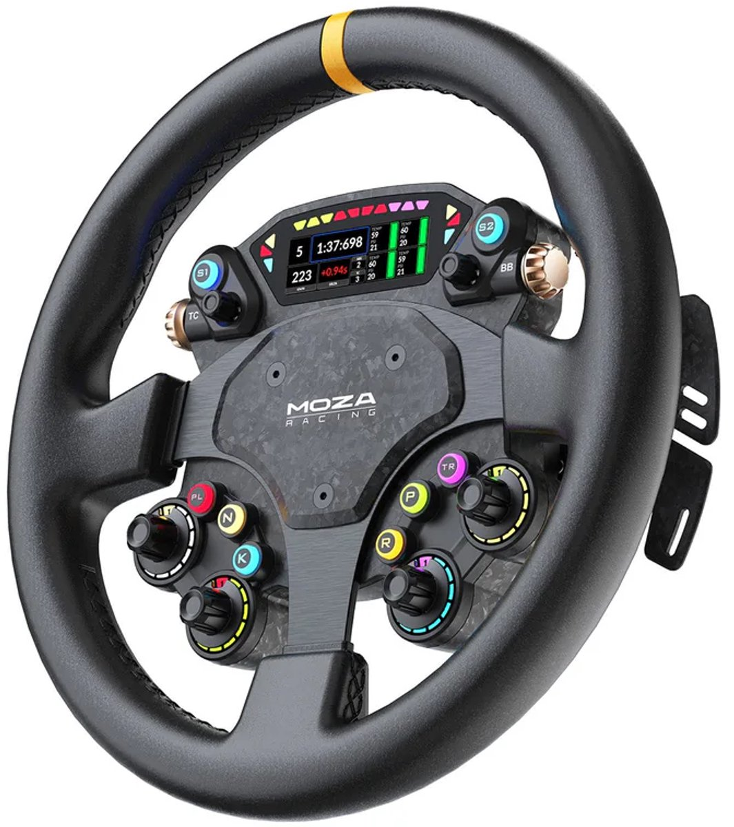 Volant noir Moza Racing avec écran numérique, boutons colorés et molettes rotatives sur plaque en carbone.