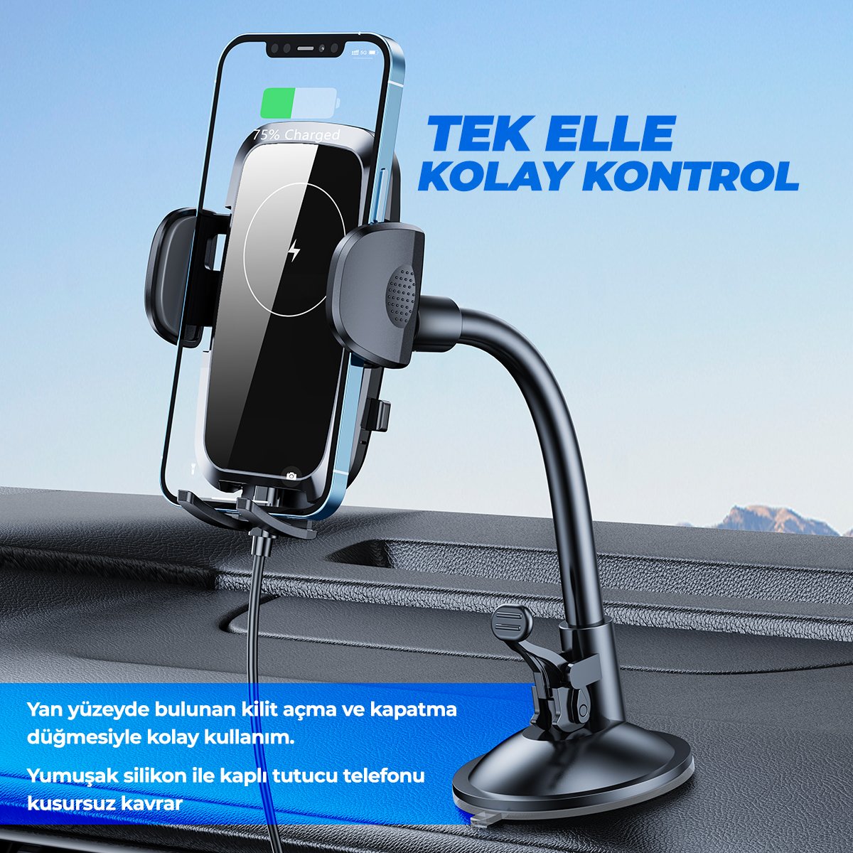 Ön konsola vantuzla tutturulmuş araç telefon tutucusunda bir akıllı telefon.