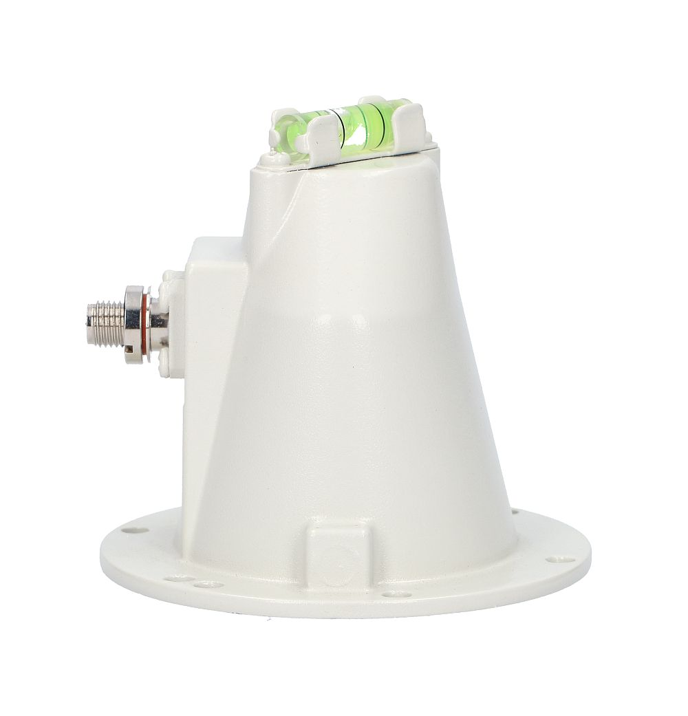 Supporto per antenna conico bianco con livella a bolla verde integrata e connettore metallico su sfondo bianco.
