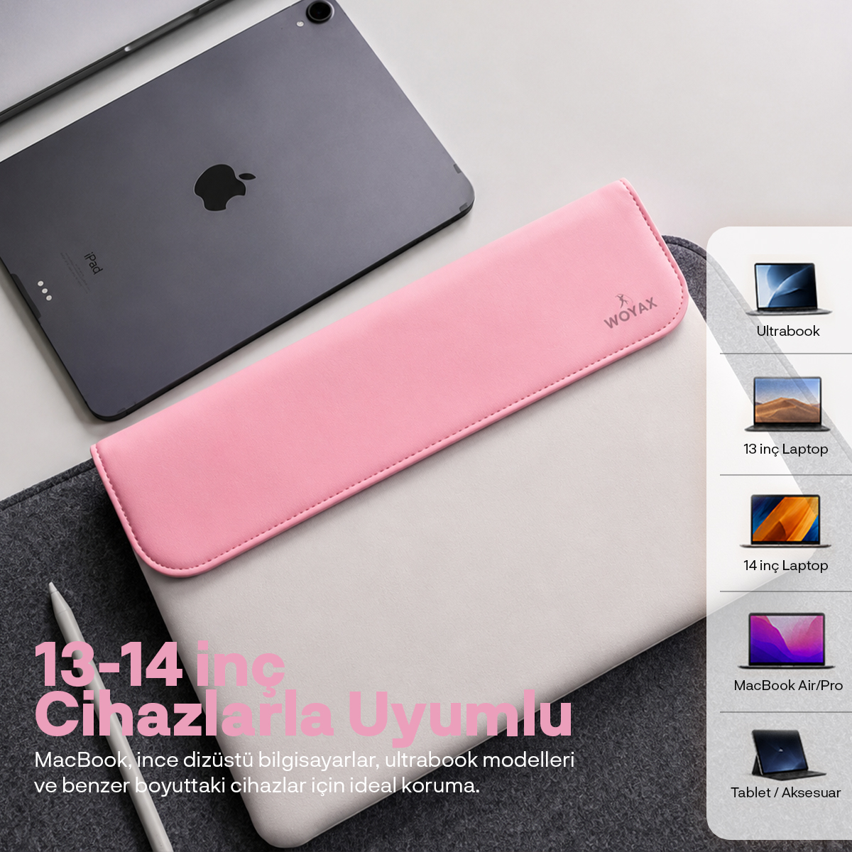 Pembe ve beyaz laptop kılıfı, koyu gri bir tablet ve stylus kalem koyu gri zemin üzerinde.