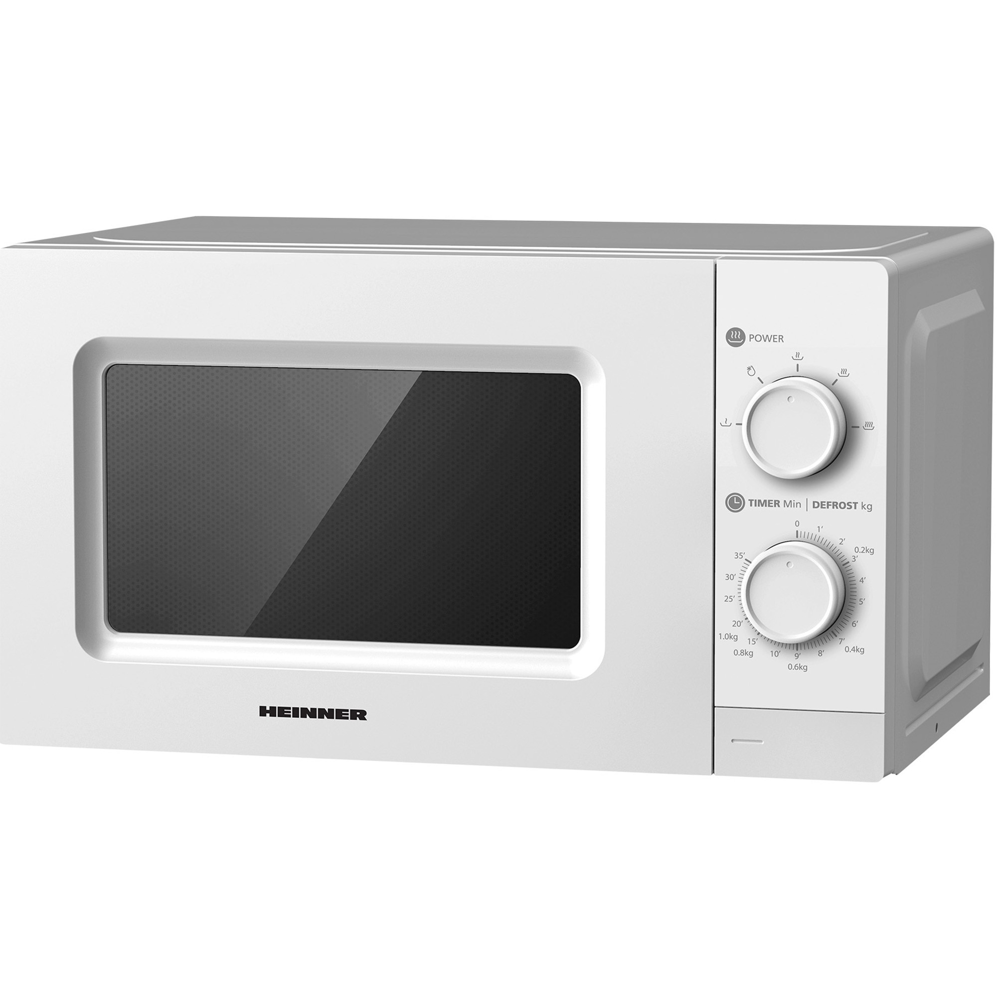 A white Heinner microwave with a black door window and two rotary control knobs on the right panel.
