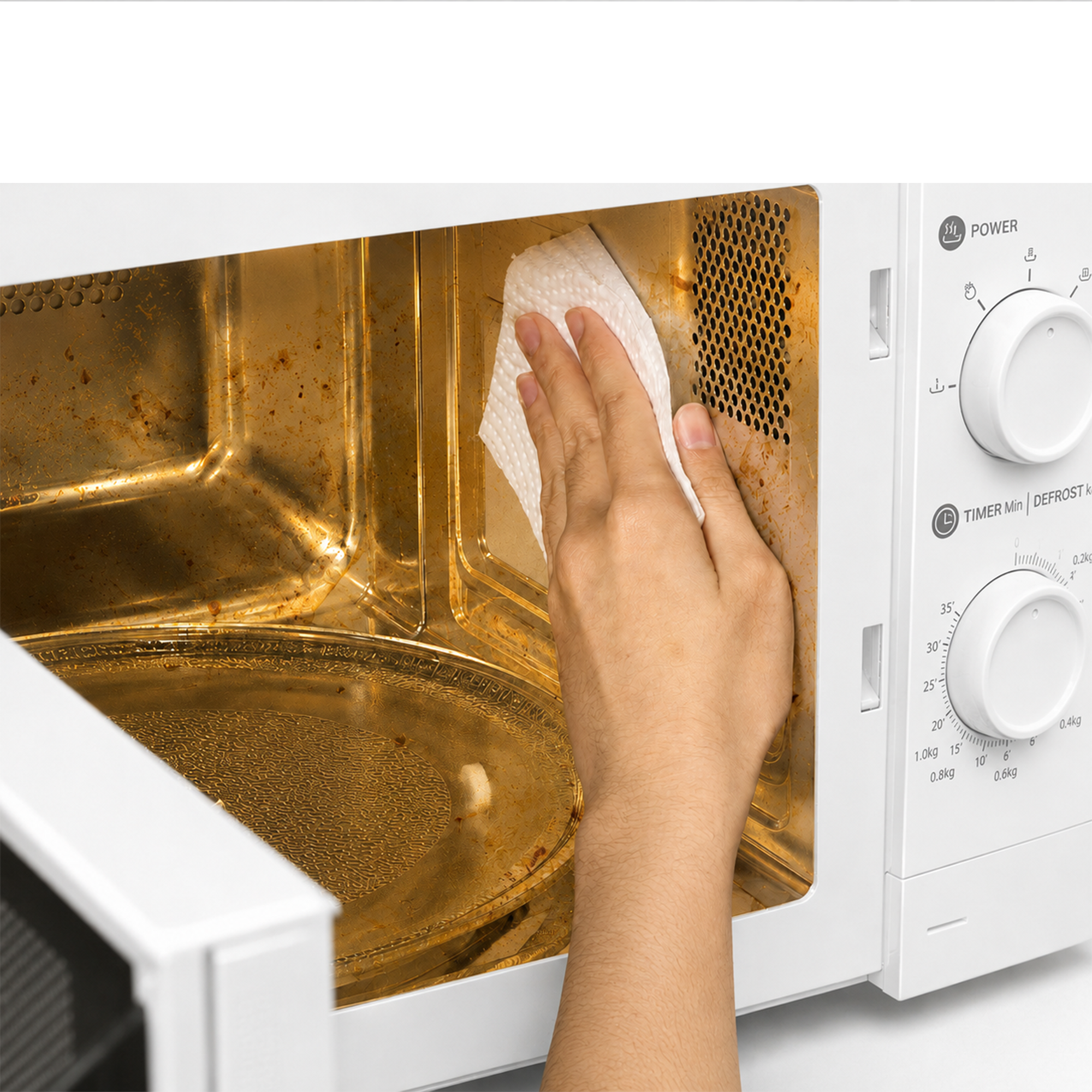 Hand using a paper towel to clean the dirty interior of a microwave.