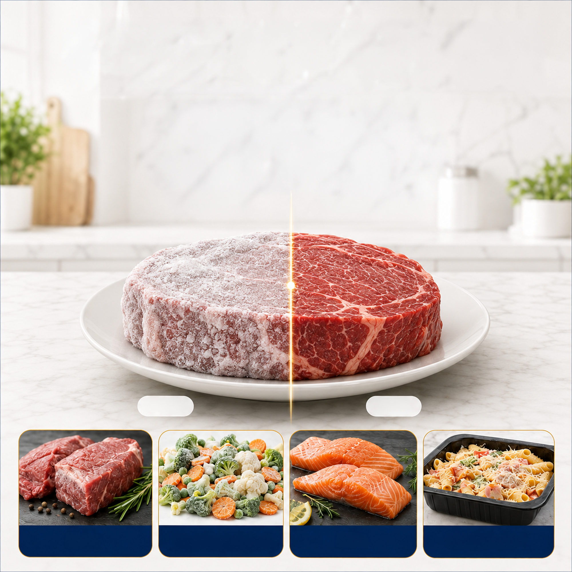 A meat steak split between frozen and thawed states on a plate, with four food category icons below in a kitchen.