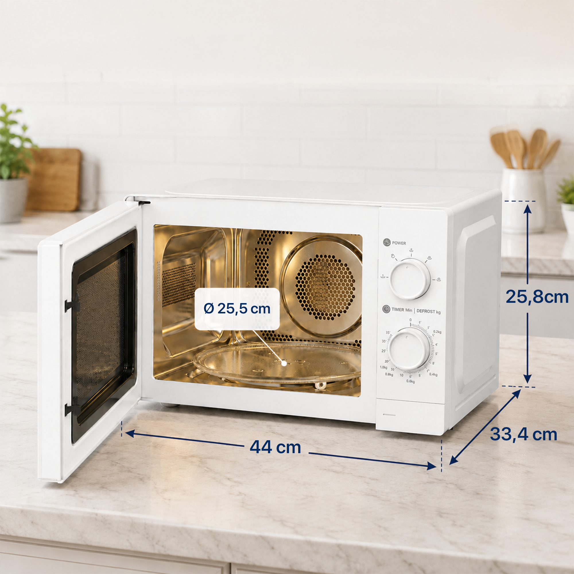 A white microwave with an open door sits on a marble countertop, labeled with dimensional measurements.