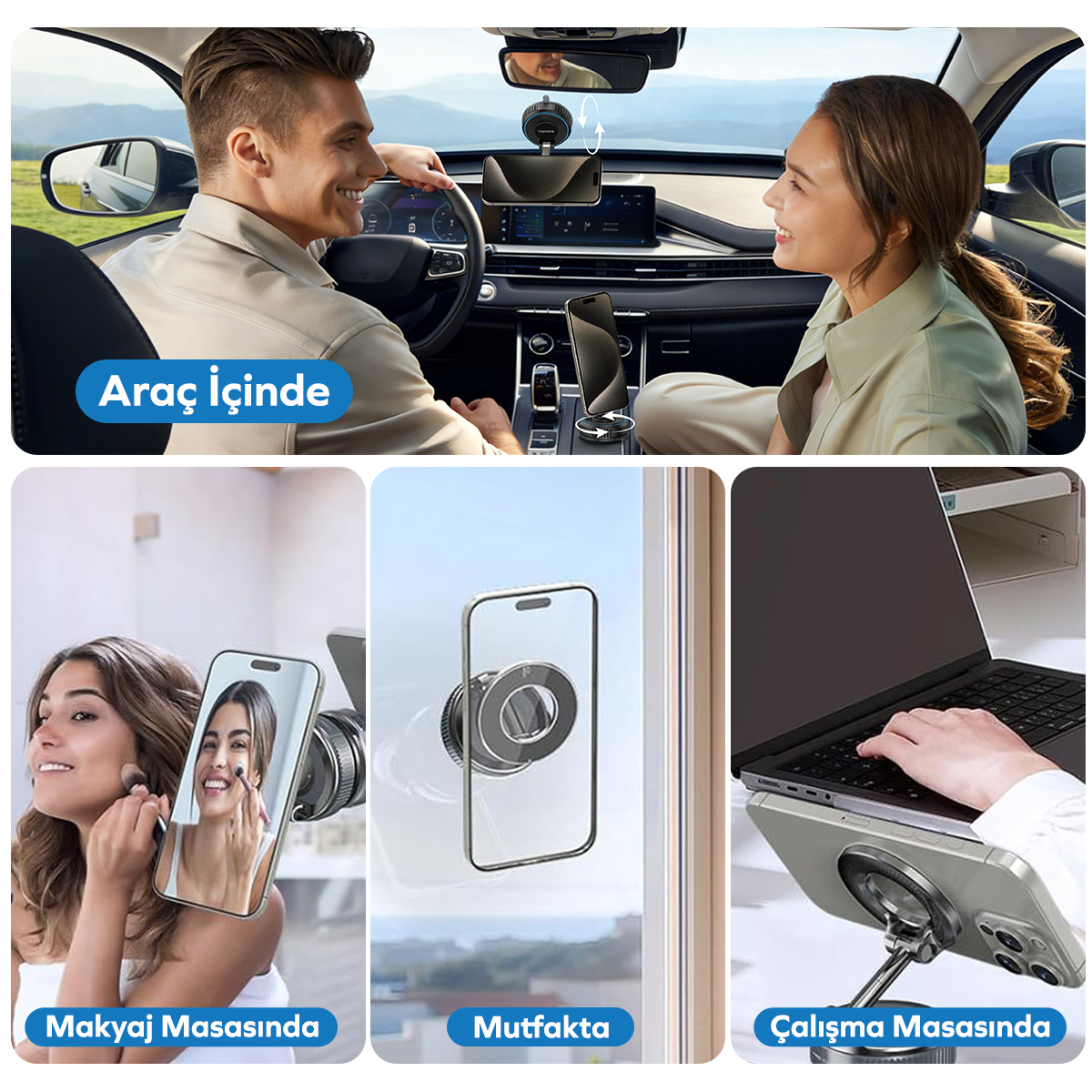Araçta, aynada, camda ve dizüstü bilgisayarda manyetik telefon tutucunun çeşitli kullanım senaryoları.