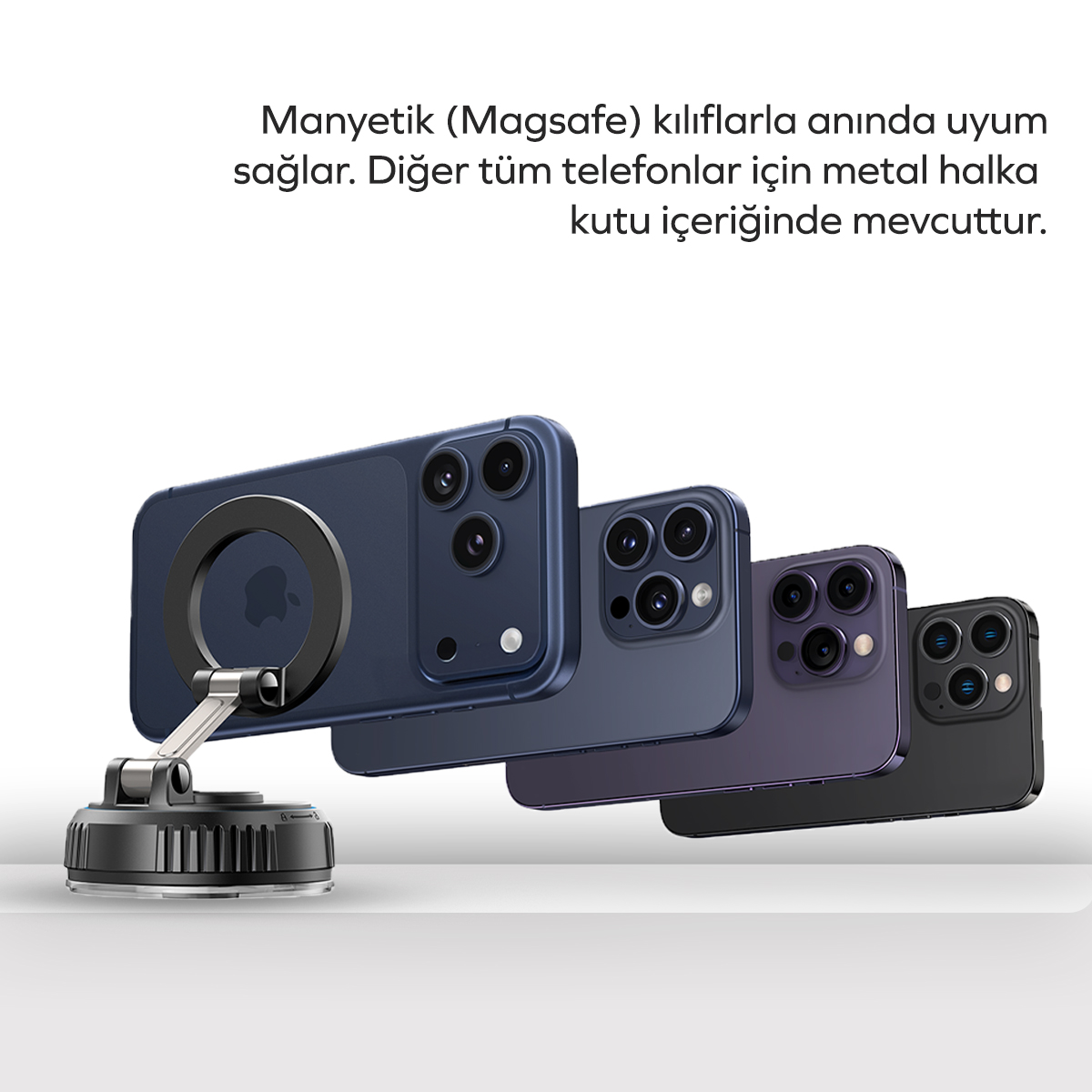 Gri bir yüzeyde manyetik tutucuya bağlı farklı renklerde dört akıllı telefon ve üstte Türkçe yazı.