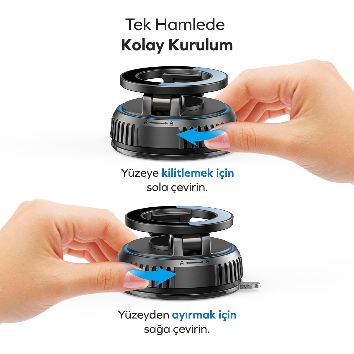 Eller tabanı saat yönünde ve tersine çevirerek kilitme ve açmayı gösteriyor.