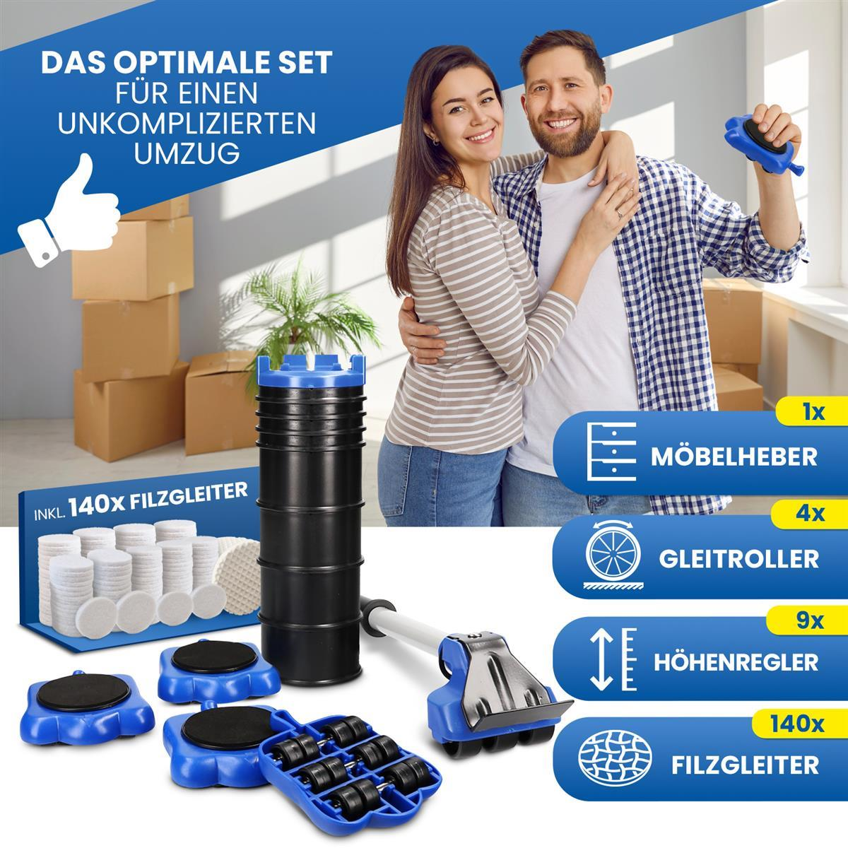 Ein glückliches Paar steht in einem Zimmer mit Umzugskartons, davor sind Möbelheber und Gleitroller abgebildet.