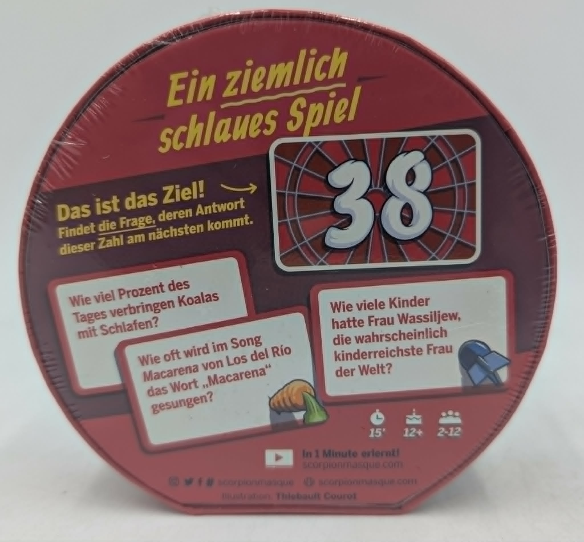 Rote Schachtel des Trivialspiels '38' mit deutschem Text, Fragen und Symbolen für Spieldauer und Alter.