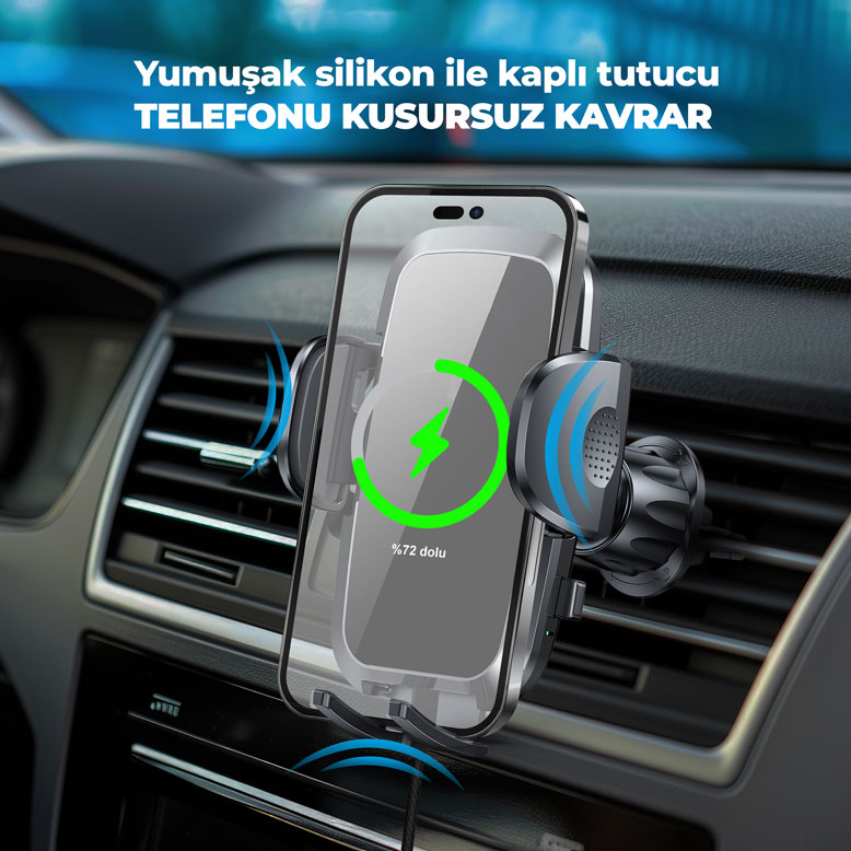 Araç havalandırma mazgalına takılı telefonda yeşil şarj simgesi.