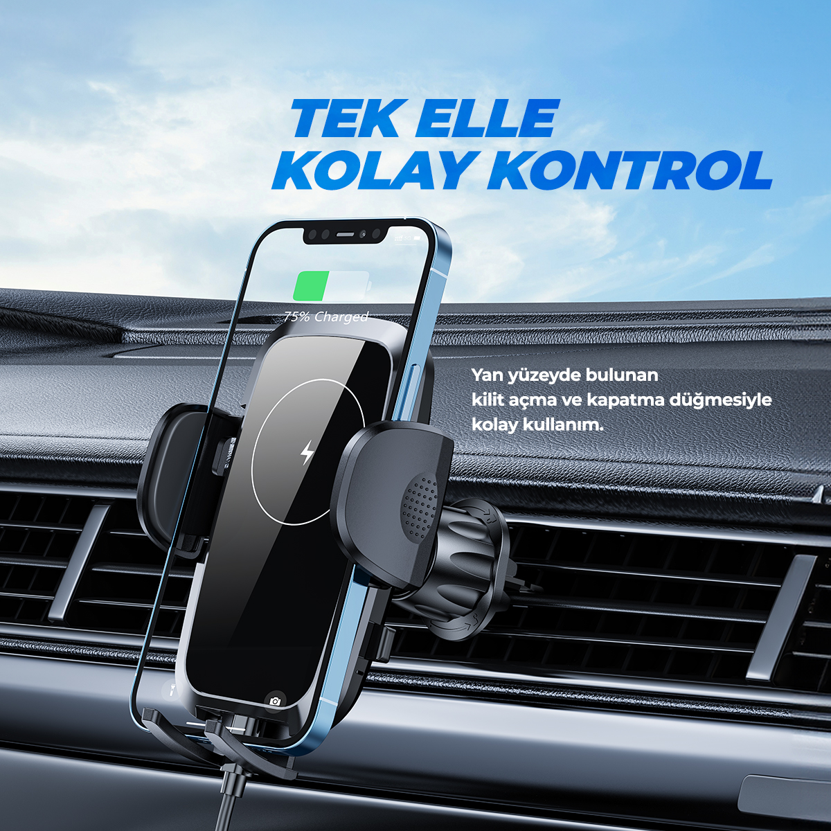 Araç havalandırma peteğine monte edilmiş akıllı telefon ve metinler.