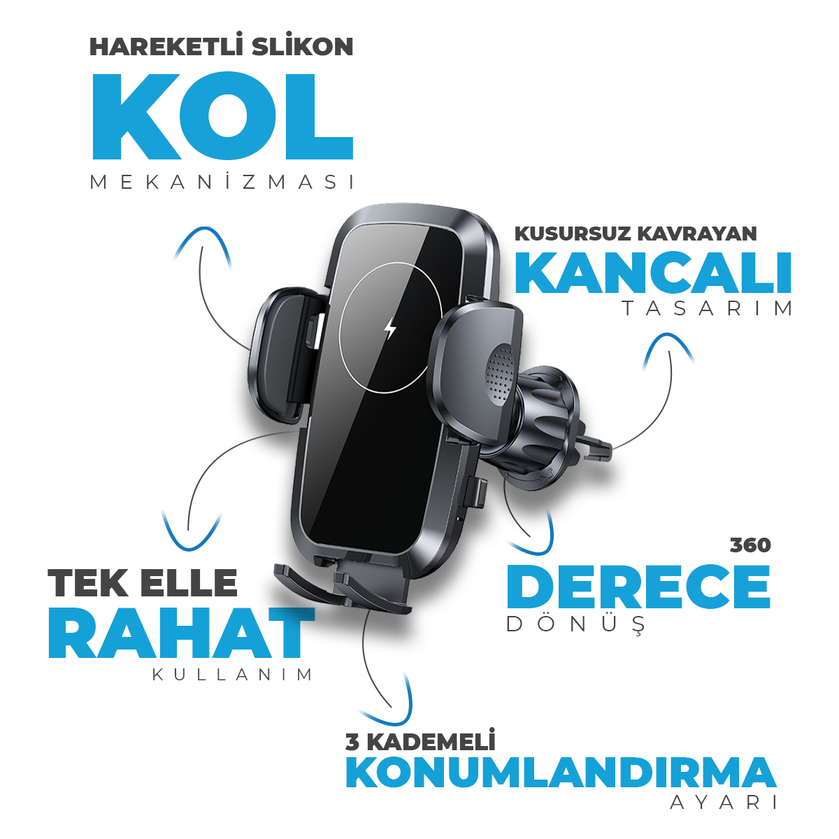 Ayarlanabilir kollara ve havalandırma klipsine sahip siyah araç içi telefon tutucu, etrafında tanıtım yazılarıyla.
