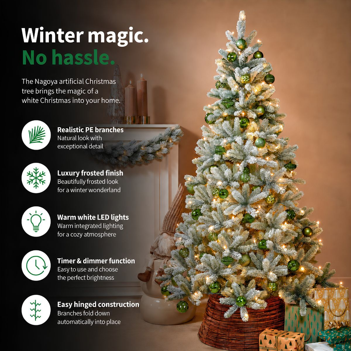 A frosted artificial Christmas tree with green ornaments and lights, next to text about features.
