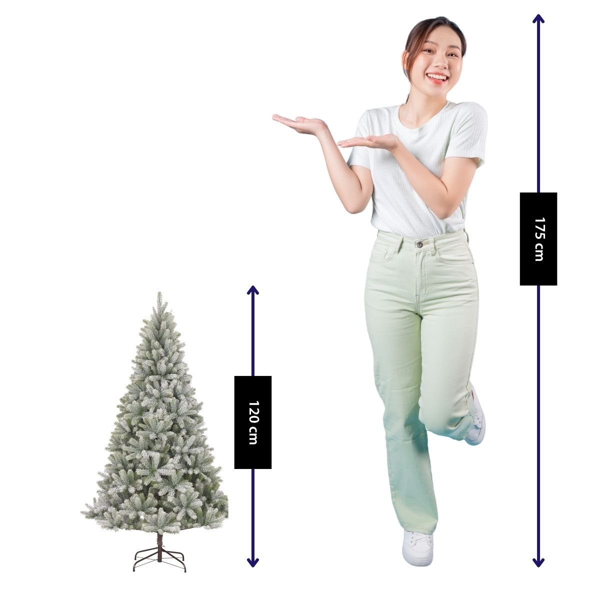 A smiling woman in light clothes poses next to a 120 cm artificial Christmas tree, with a 175 cm total height indicator.