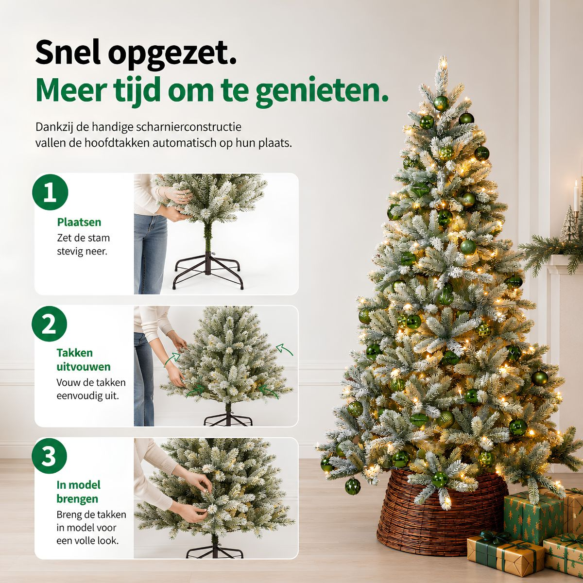 Instructions for easy assembly of an artificial Christmas tree with green ornaments and lights.