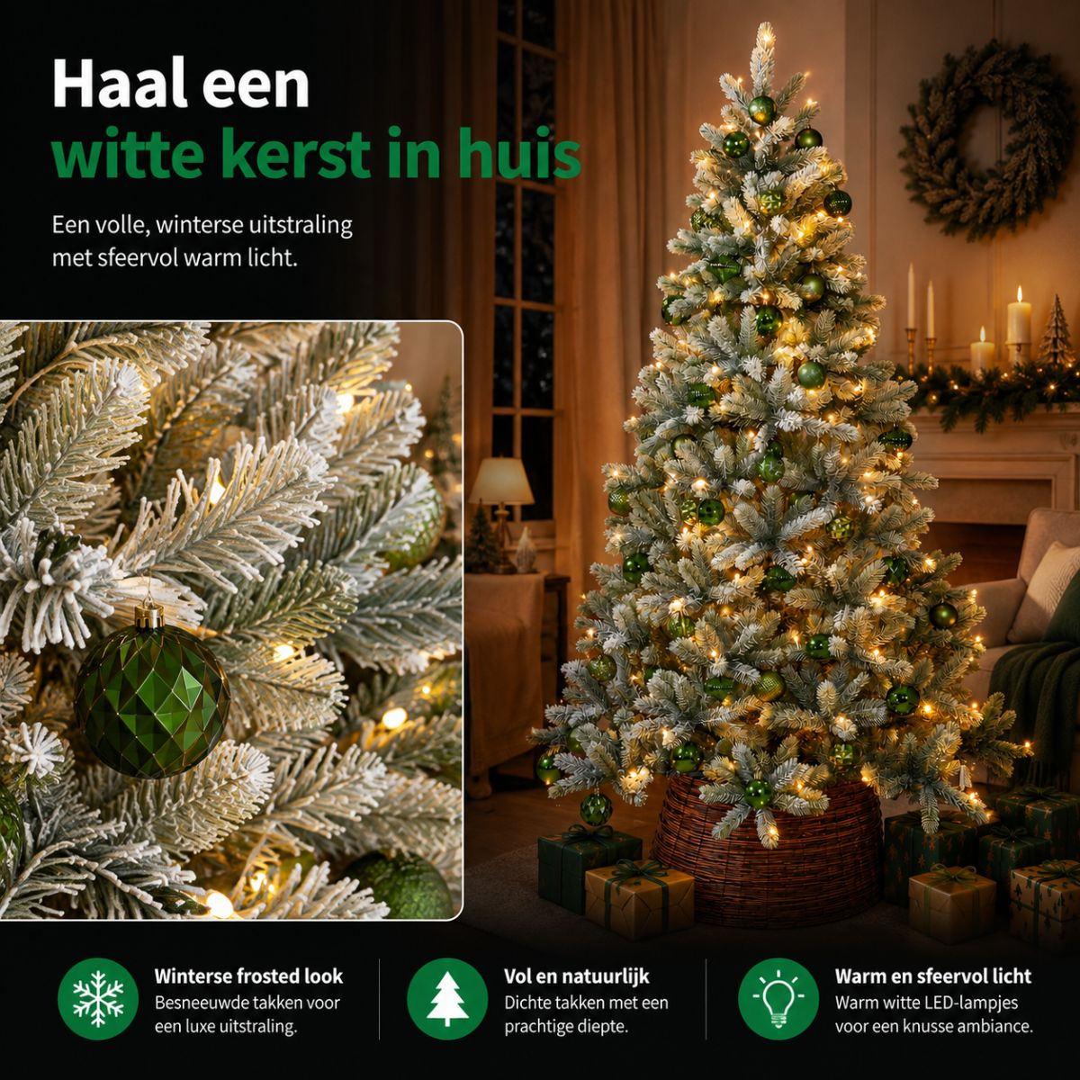 A snowy Christmas tree decorated with green ornaments and warm lights stands in a cozy living room.